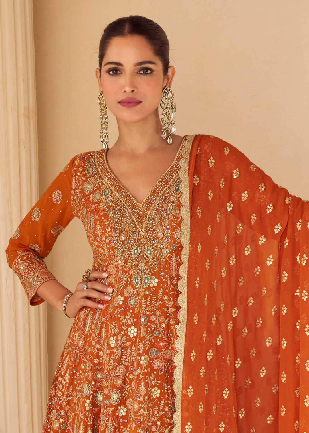 Burnt Orange With Intricate Prints Georgette Palazzo Suit