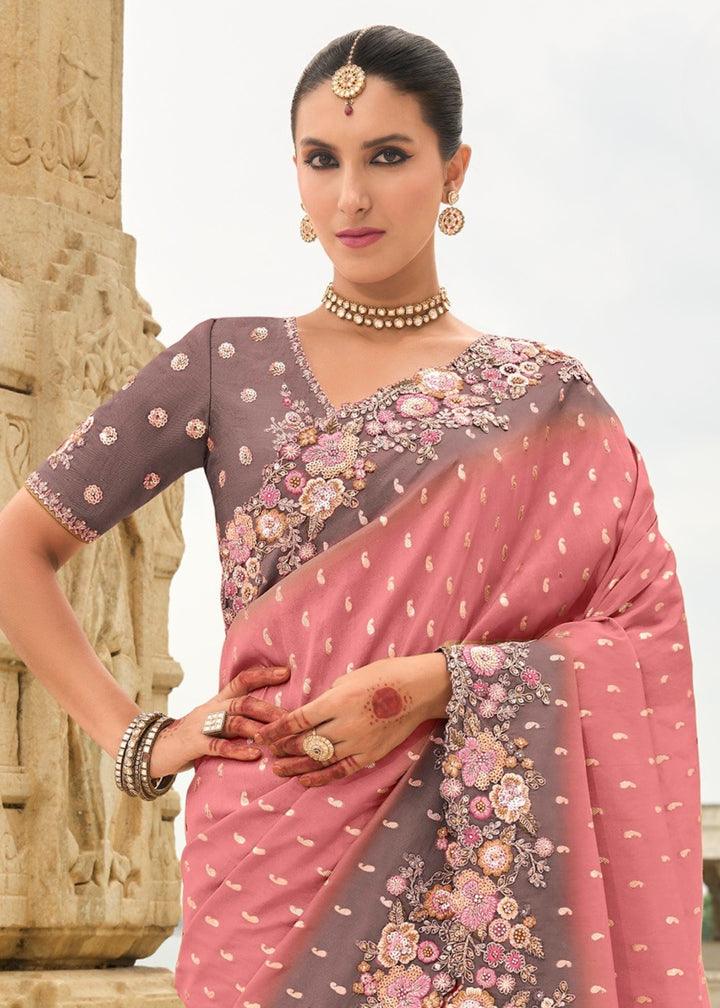 Salmon Pink Silk Saree With Embroidery Cut and Butti Work