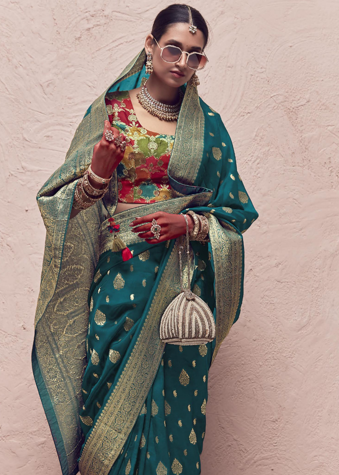 Prussian Blue Zari Woven Dola Silk Saree With Zari Woven Blouse