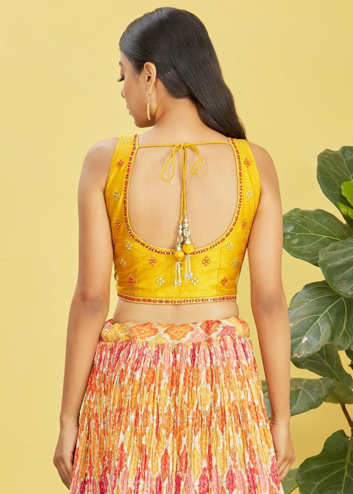 Saffron Yellow Digital Printed Chinnon Lehenga with Thread,Zari & Sequins Work
