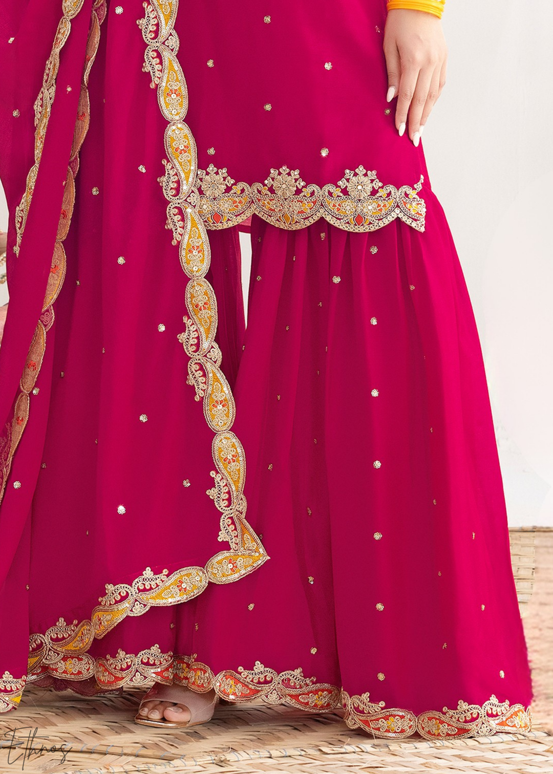 Hot Pink Appliqué Chinon Sharara Suit
