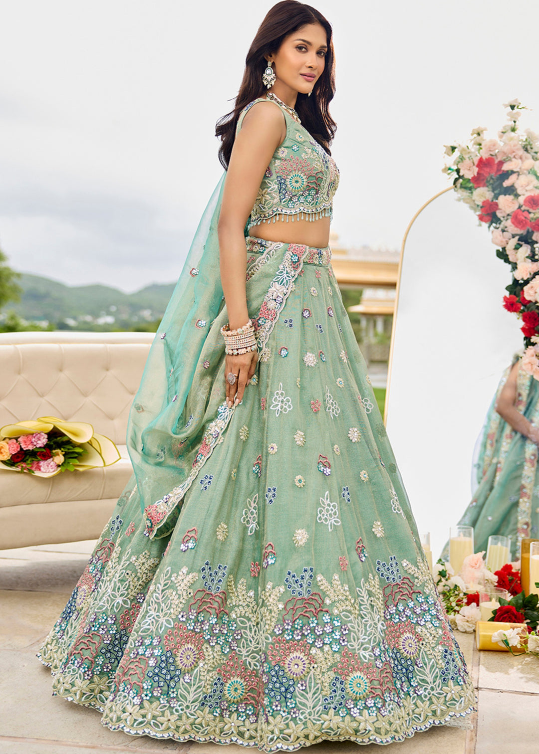 Limegreen Satin Silk Lehenga Choli with Sequinned Embroidered