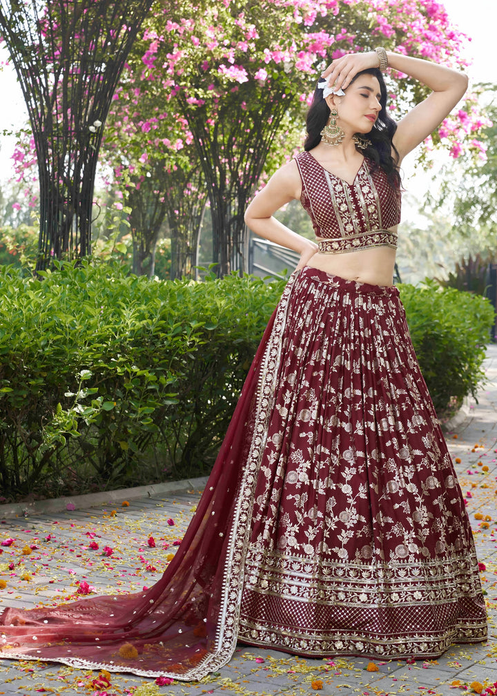 Maroon Sequins and Zari Embroidery Work Silk Lehenga
