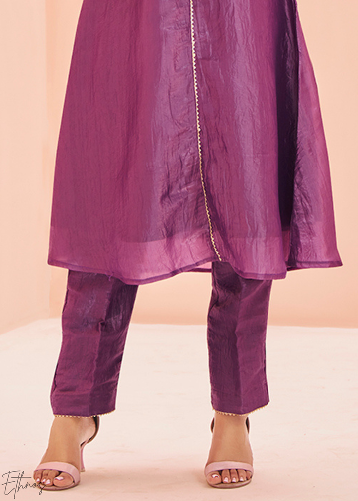 Plum Purple Paisley-Embroidered Organza Pant Suit
