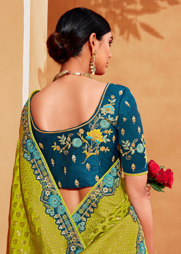 Green & Blue Half N Half Heavy Embroidered Banarasi Silk Saree