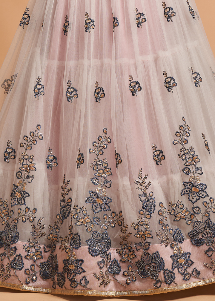 Pinkish Grey Designer Soft Net Lehenga Choli with Thread, Dori, Zari & Sequins work