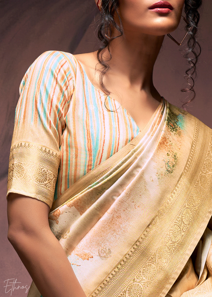 Beige Golden Handloom Weaving Silk Saree