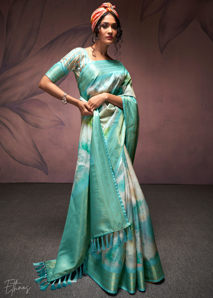 Aqua Blue Handloom Weaving Silk Saree
