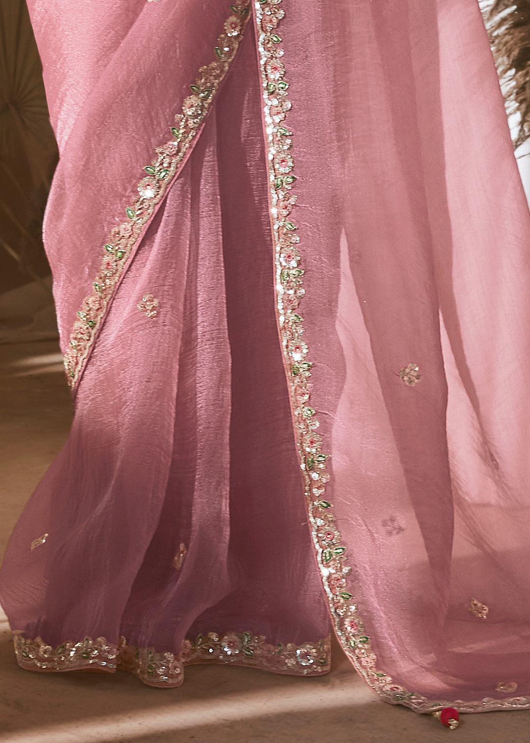 Light Pink Fancy Silk Saree With Printed Blouse