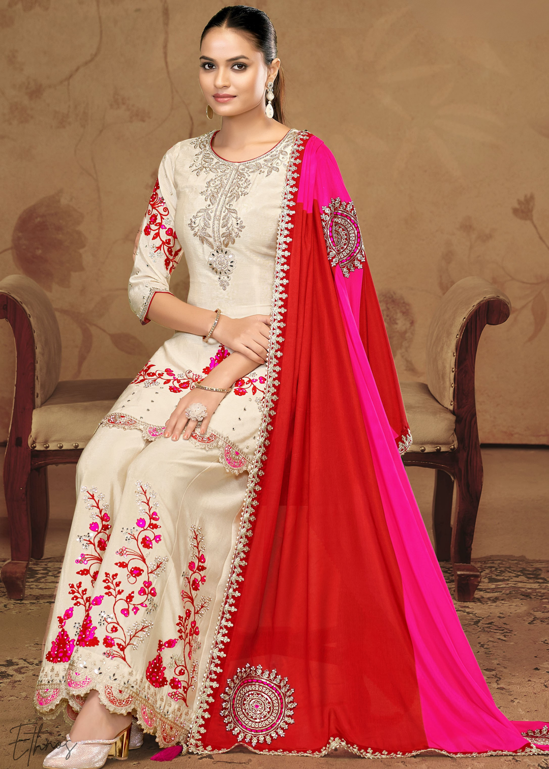 Ivory White Chinnon Silk Palazzo Suit