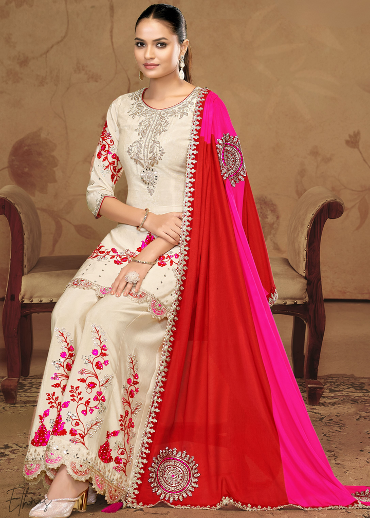 Ivory White Chinnon Silk Palazzo Suit