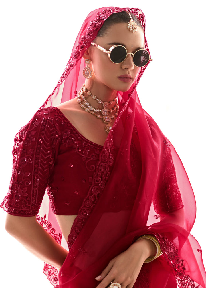 Raspberry Pink Organza Tissue Silk Saree With Heavy Work Border And Designer Blouse