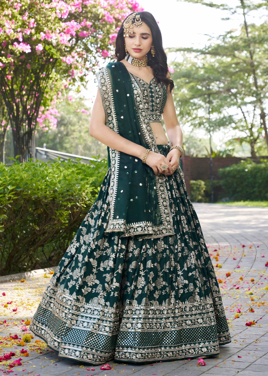 Green Sequins and Zari Embroidery Work Silk Lehenga