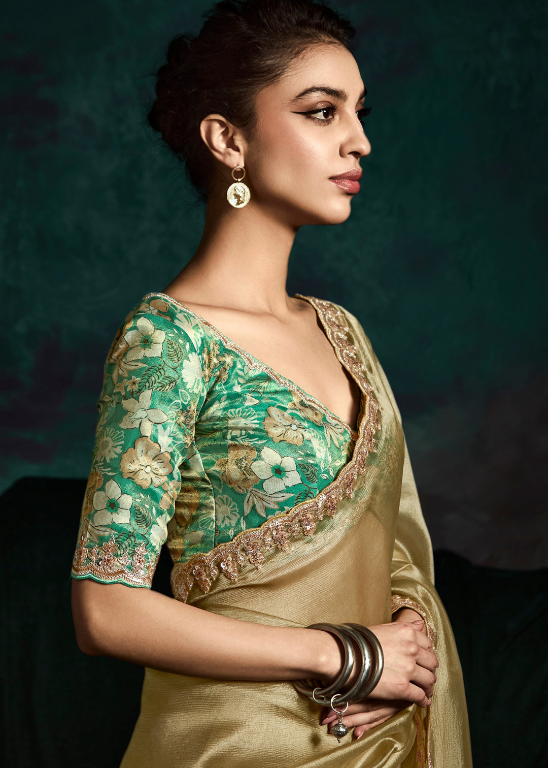 Golden Silk Saree With Sequins