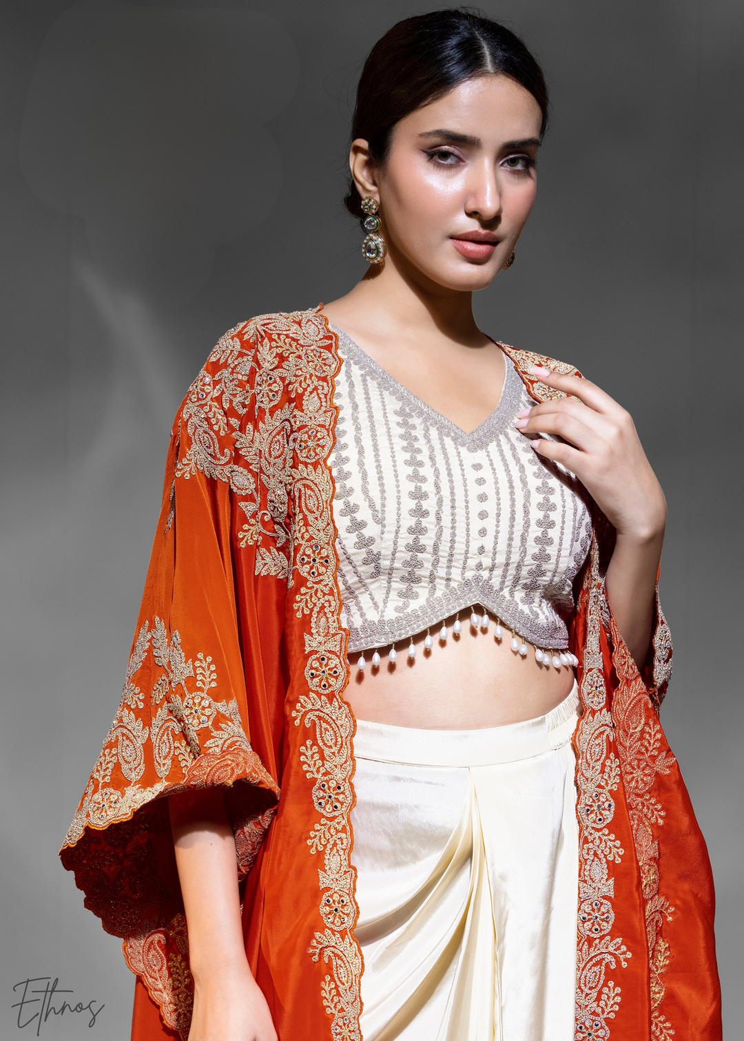 Orange Crepe Silk Skirt With Shrug