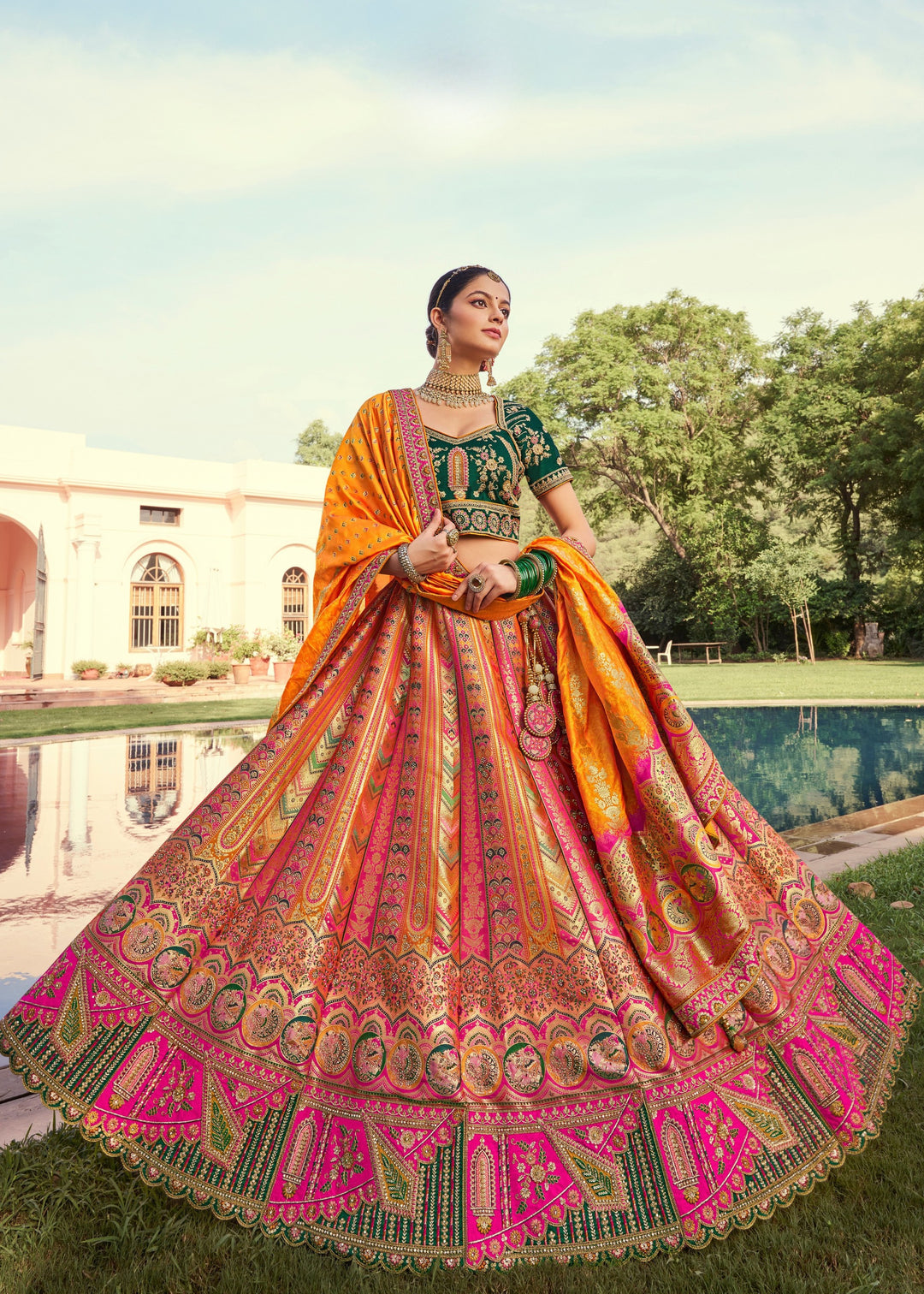 Tangerine Orange Banarasi Silk Lehenga With Golden zari work
