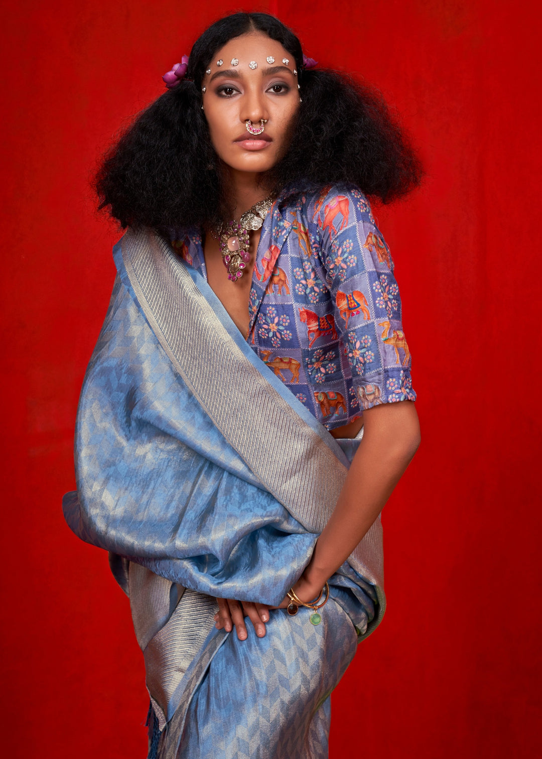 Dodger Blue Viscose Zari Tissue Silk Saree