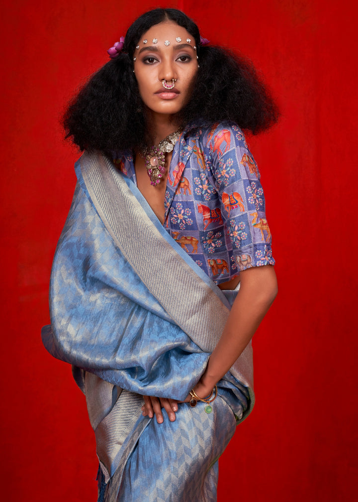 Dodger Blue Viscose Zari Tissue Silk Saree