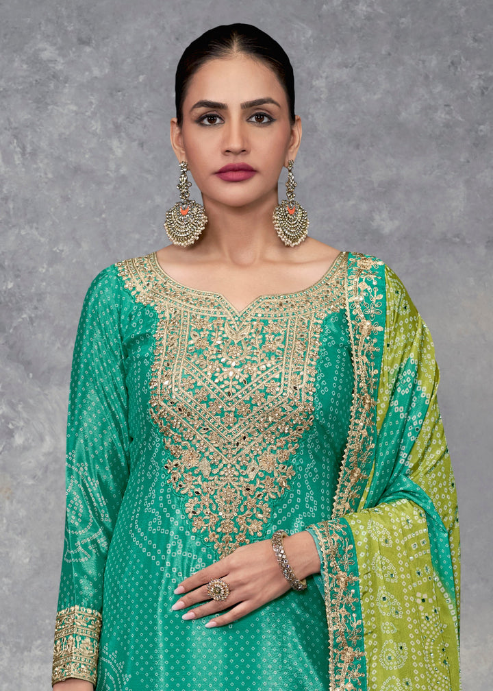 Teal Green Chinon Salwar Suit with Green–Yellow Dupatta