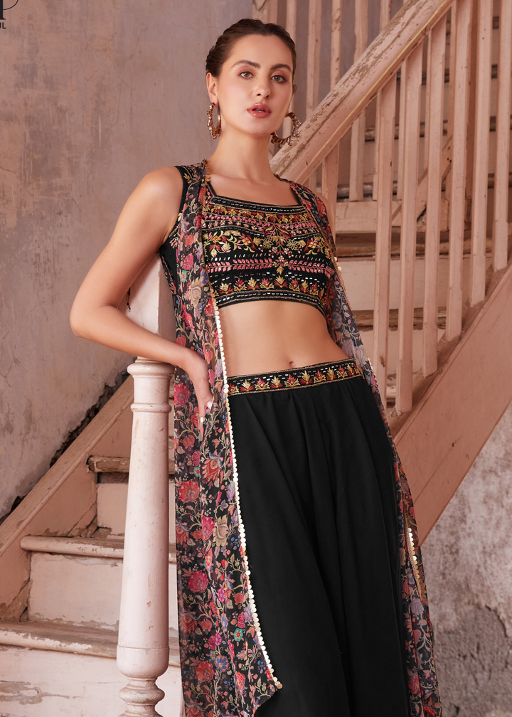 Onyx Black Georgette Sharara Choli with Embroidery work