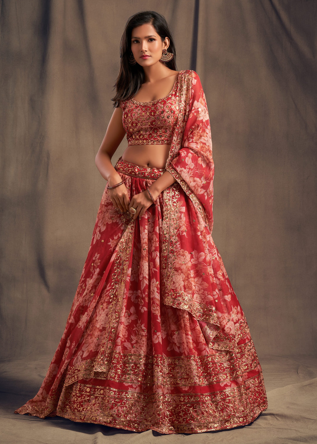 Red Organza Lehenga Sequins Zari Embroidery Work