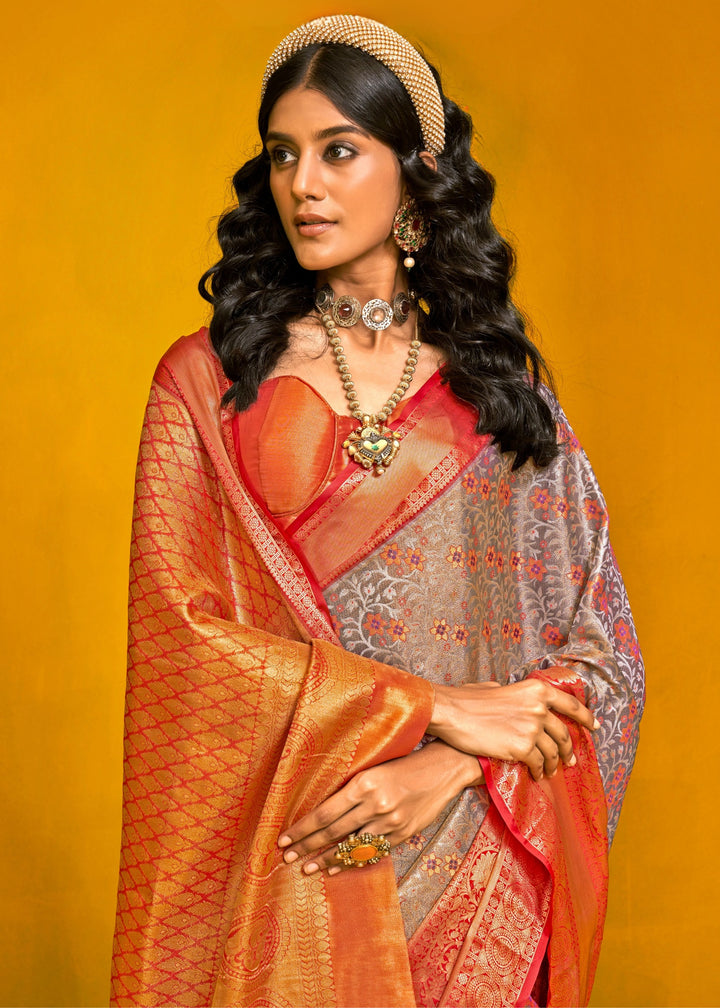 Orange And Grey Pure Dharamavaram Silk Saree