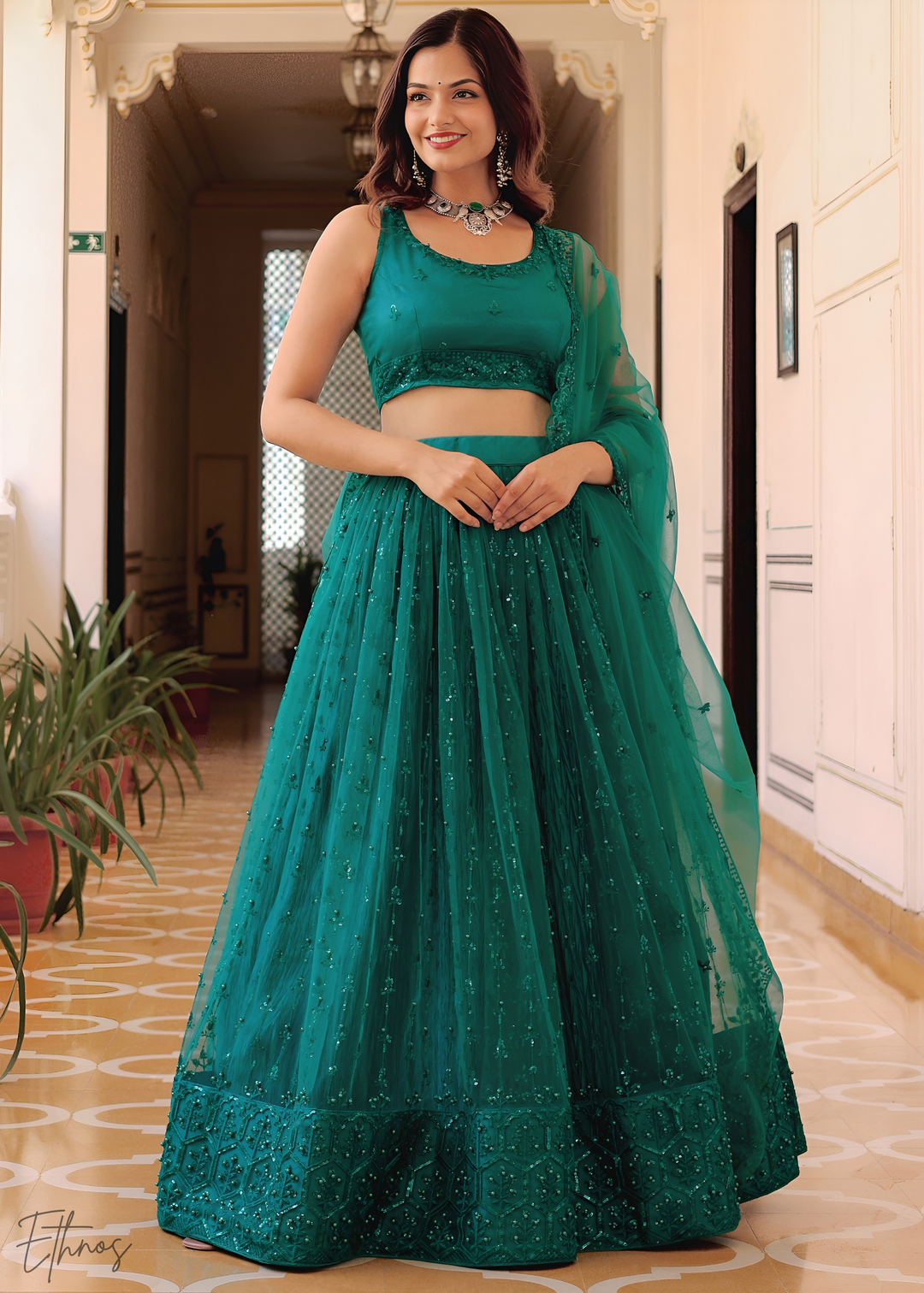 Teal Green Soft Net Lehenga Choli