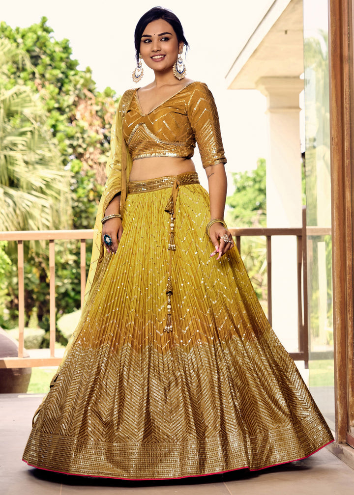 Butterscotch Yellow Chinon Silk Lehenga With Sequence and Thread Embroidery Work
