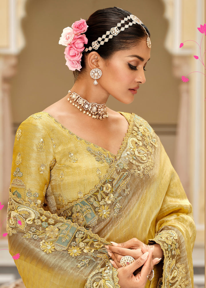 Golden Yellow with Antique Gold embroidery Silk Saree