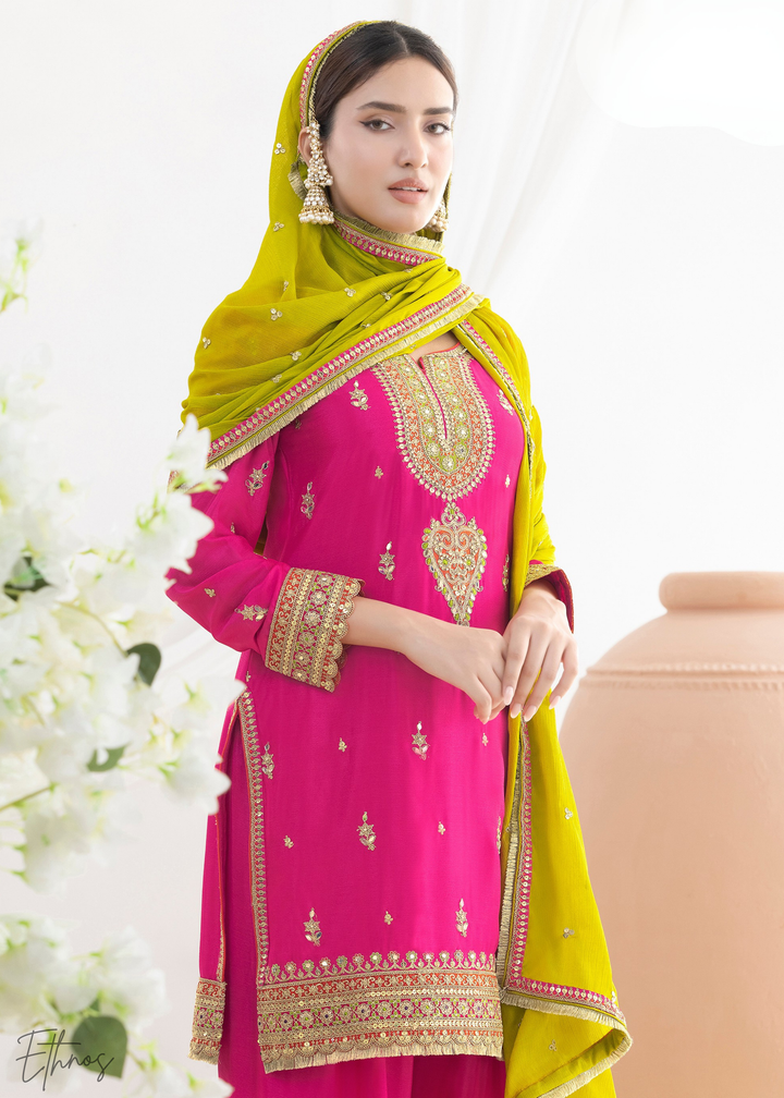 Bright Pink Chinnon Silk Salwar Suit