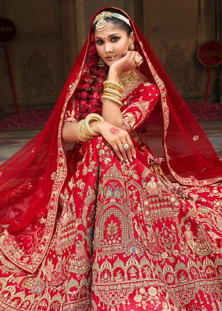 Candy Red Heavy Bridal Silk Lehenga With Khatli And Embroidery Work