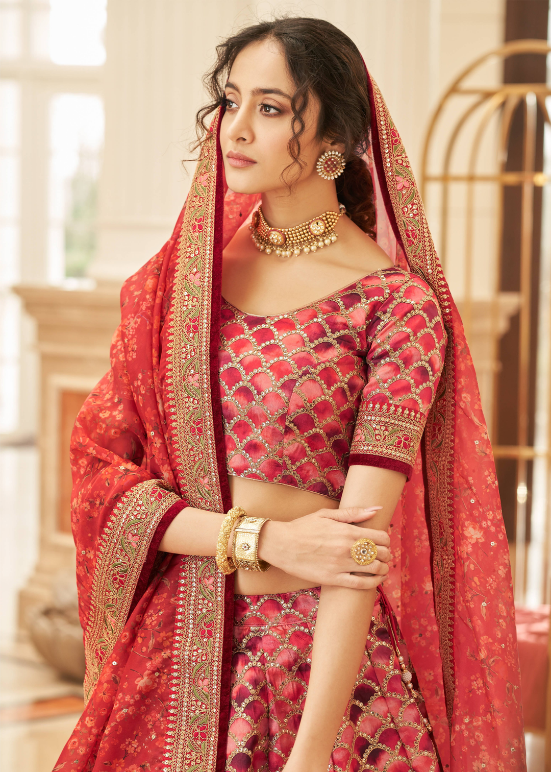 Shades Of Red Art Silk Lehenga Choli with Thread, Zari,Dori & Sequins work