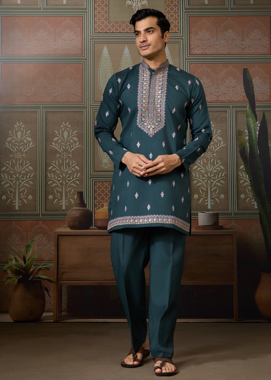 Rama Green Mens Wear Koti Style with Silk Kurta and Pajama