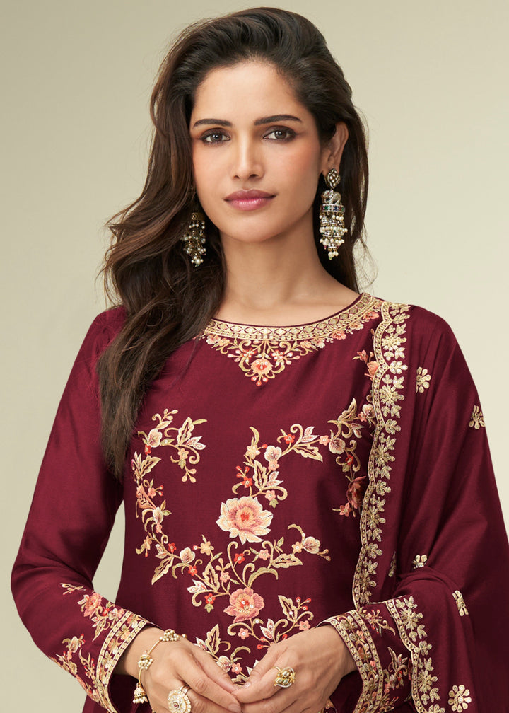 Currant Red Chinon SIlk Plazo Suit With Embroidered Work
