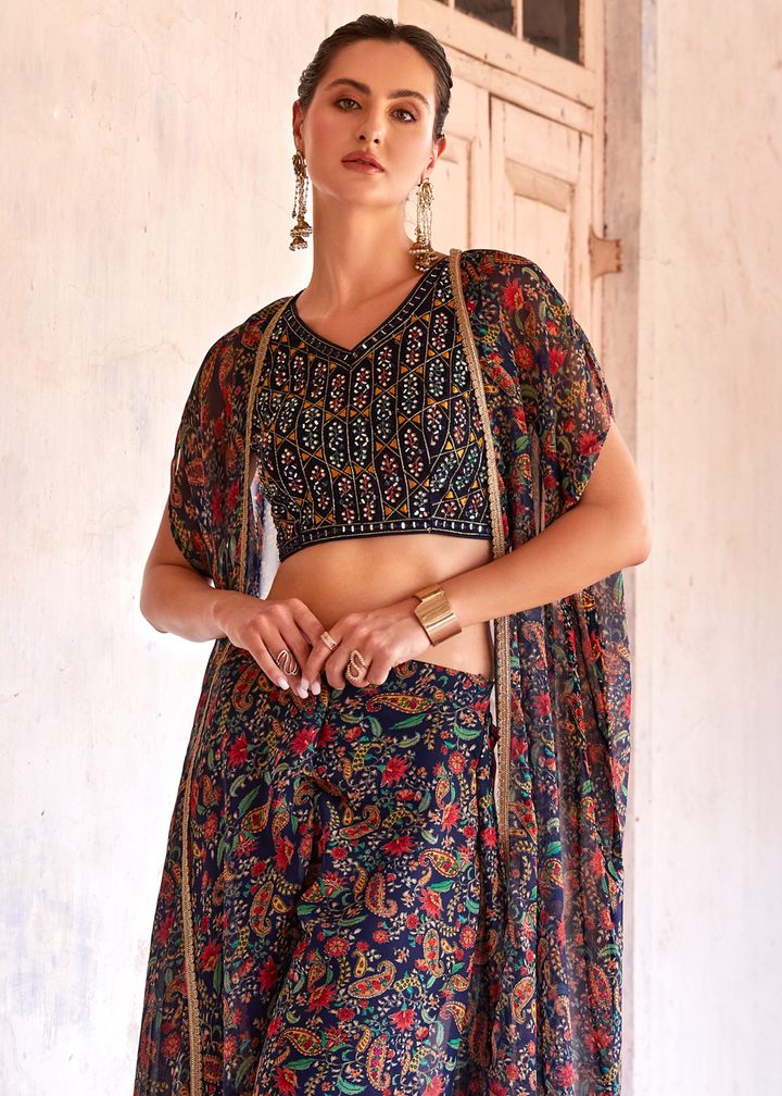 Shades Of Blue Georgette Sharara Choli with Embroidery work