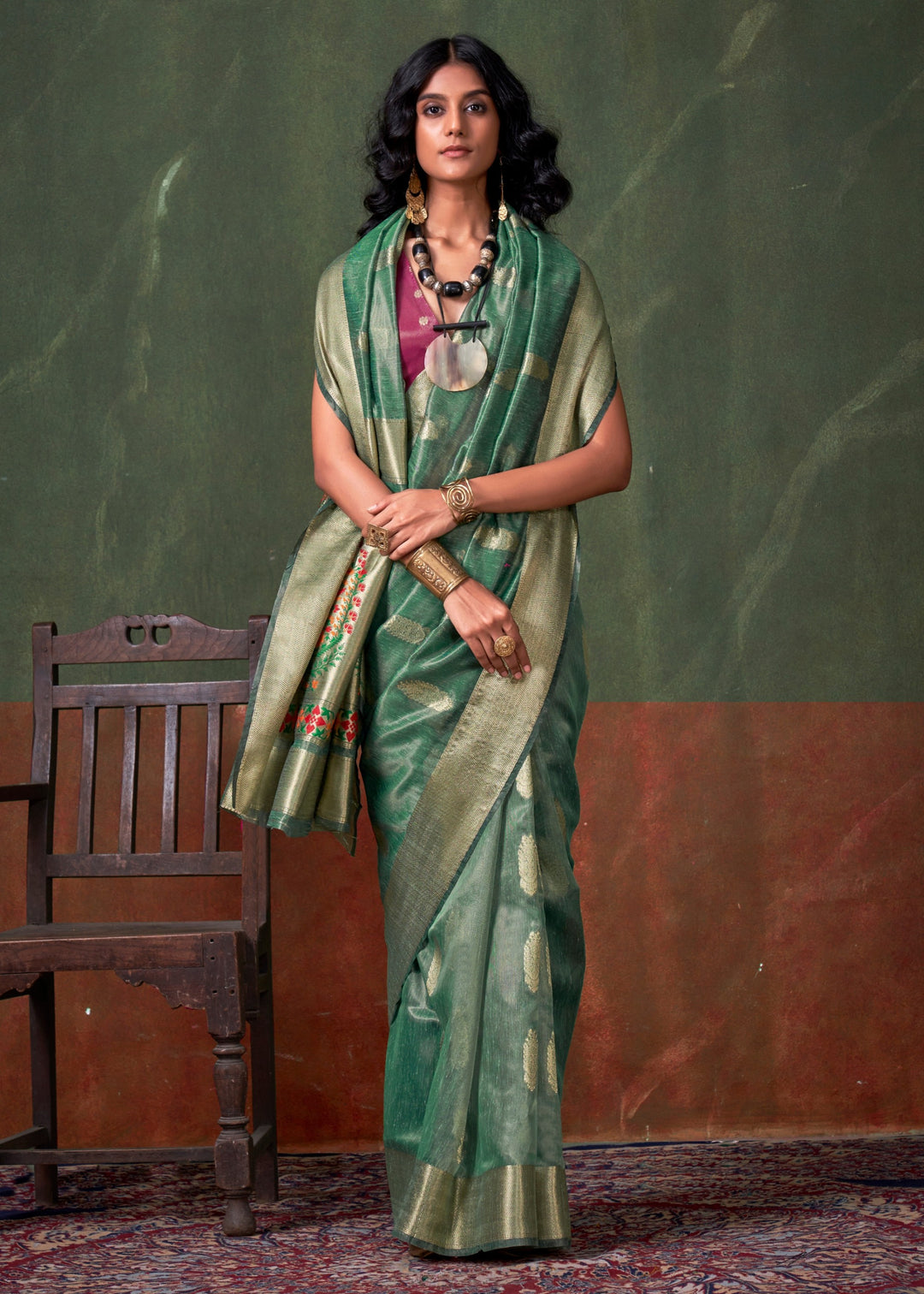 Jade Green Paithani Tissue Silk Saree With Zari Work