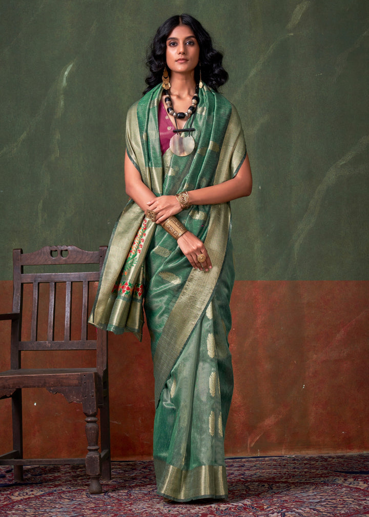 Jade Green Paithani Tissue Silk Saree With Zari Work