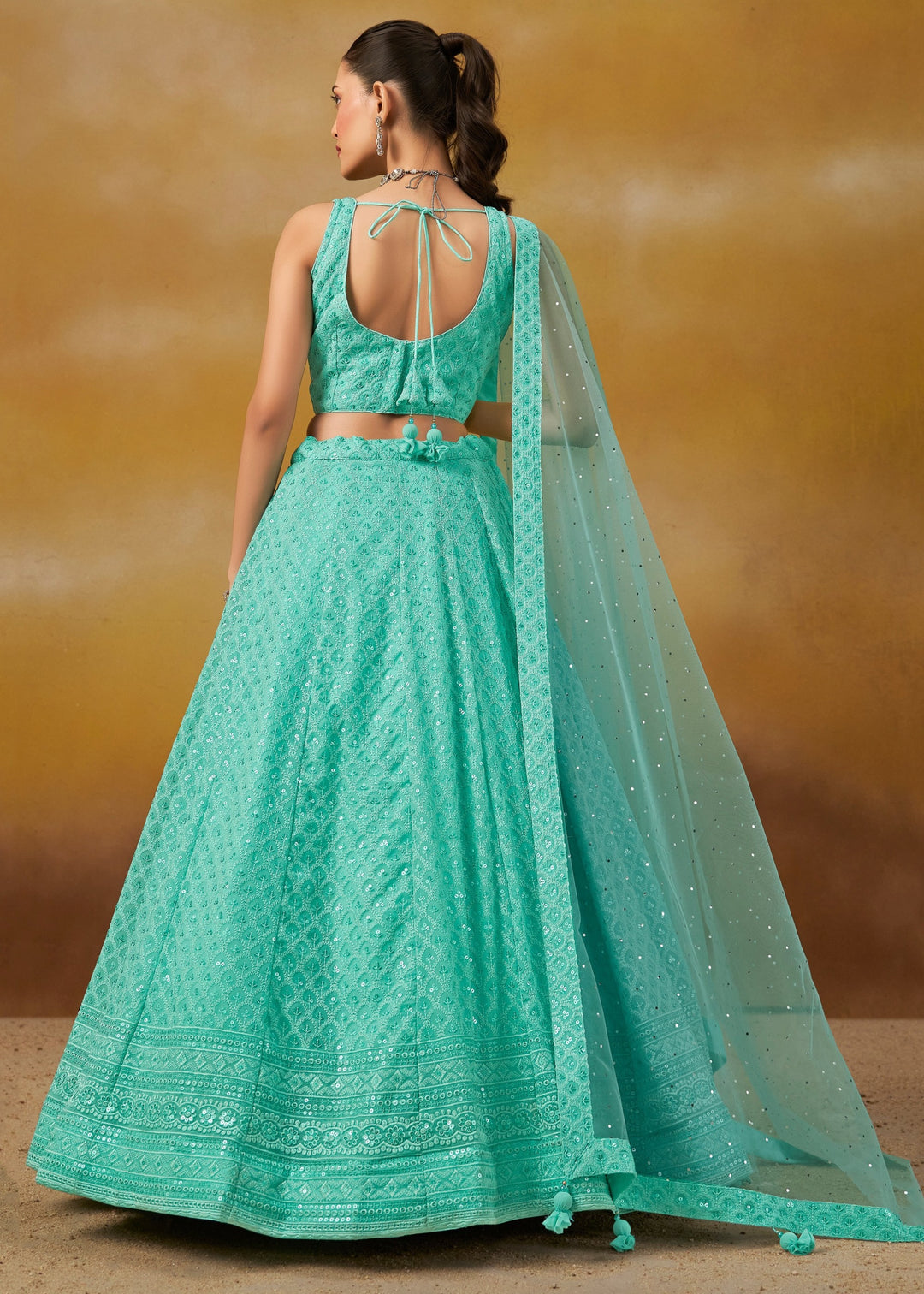 Sky Georgette Lehenga With Sequins and Thread Embroidered Work