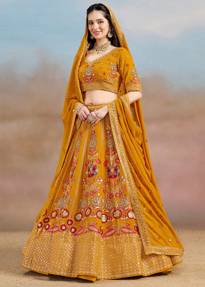 Yellow Sequins And Zari With Dori And Resham Embroidery Work Georgette Lehenga