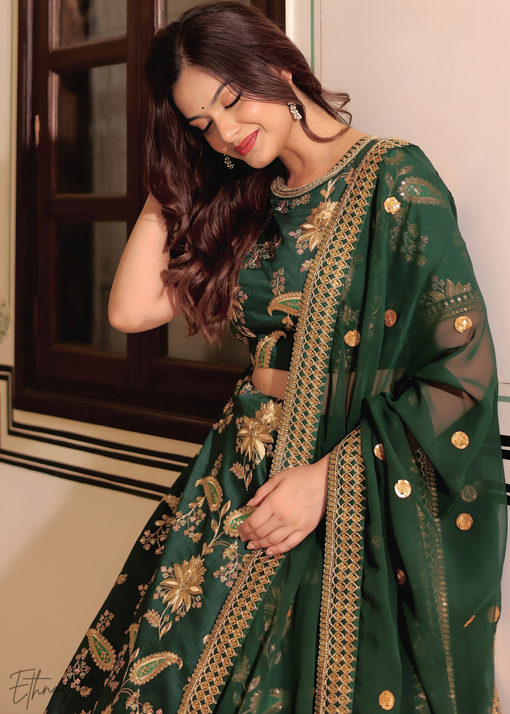Dark Green Silk Lehenga Choli