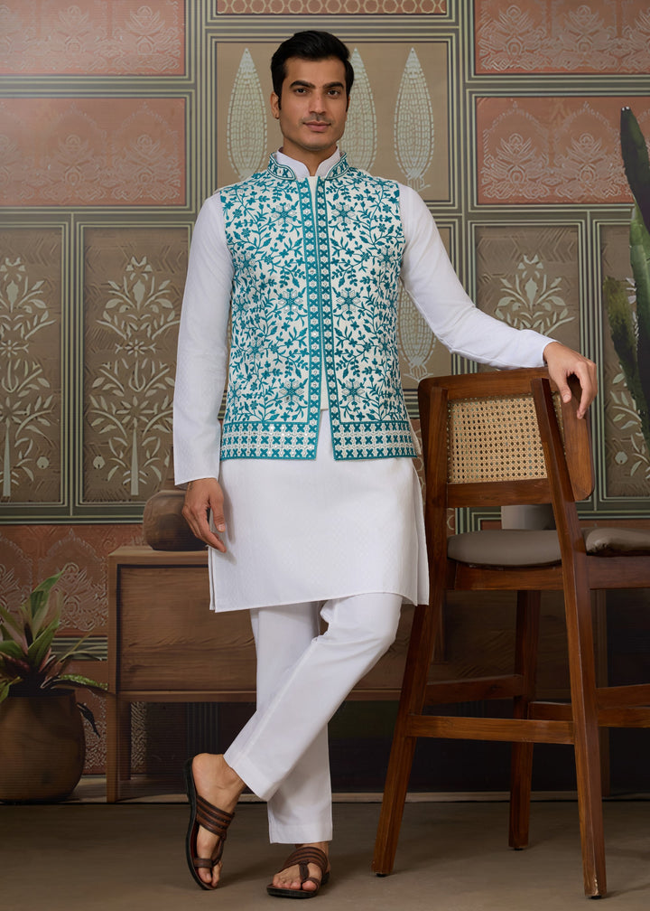 White Kurta And Pant With Powdered Blue Embroidered Nehru Jacket