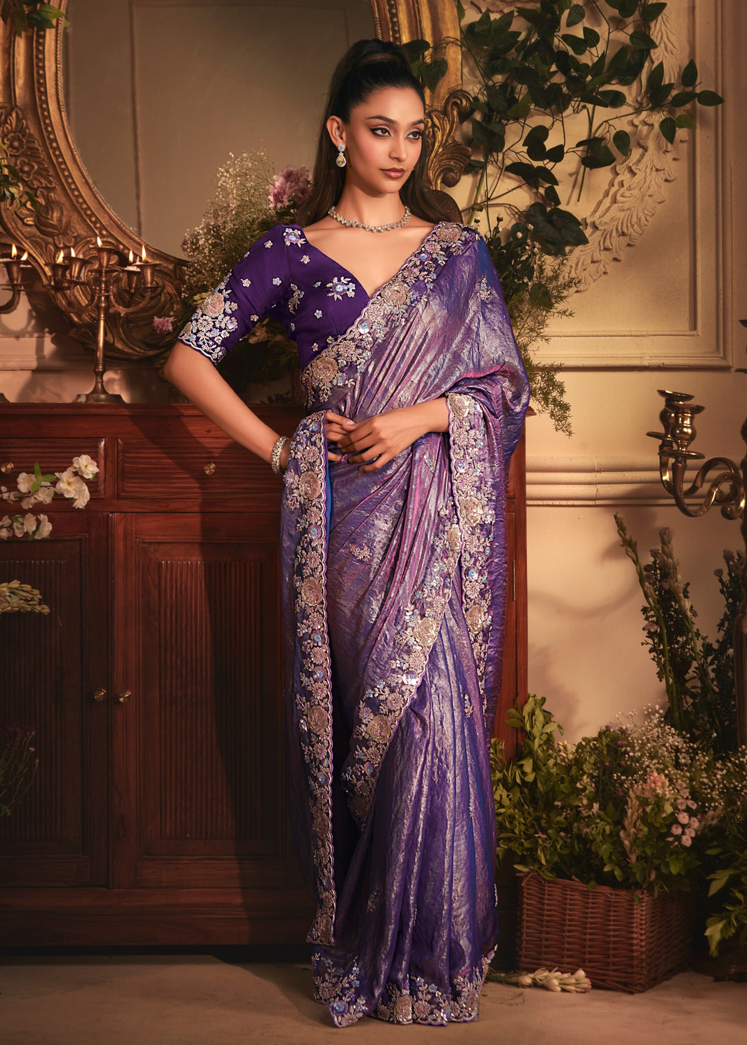 Royal Purple Tissue Organza Saree With Heavy Embroidery