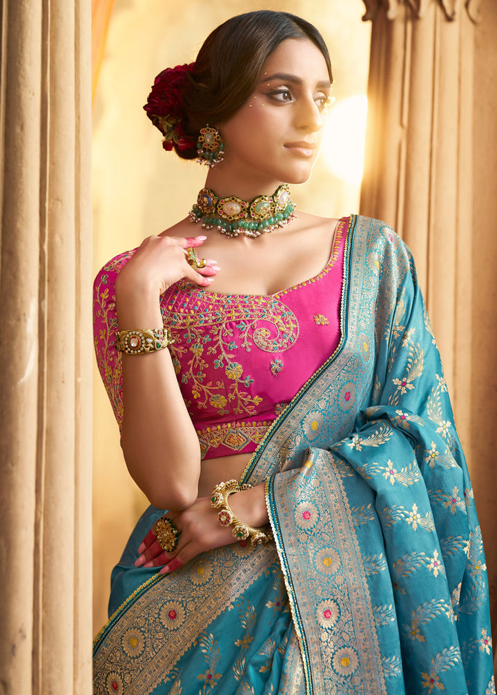 Capri Blue Satin Silk Saree