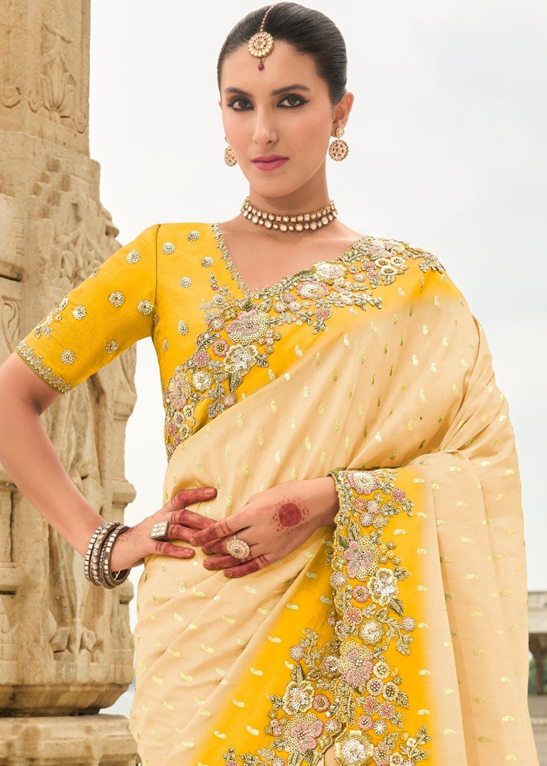 Light Yellow Silk Saree With Embroidery Cut and Butti Work