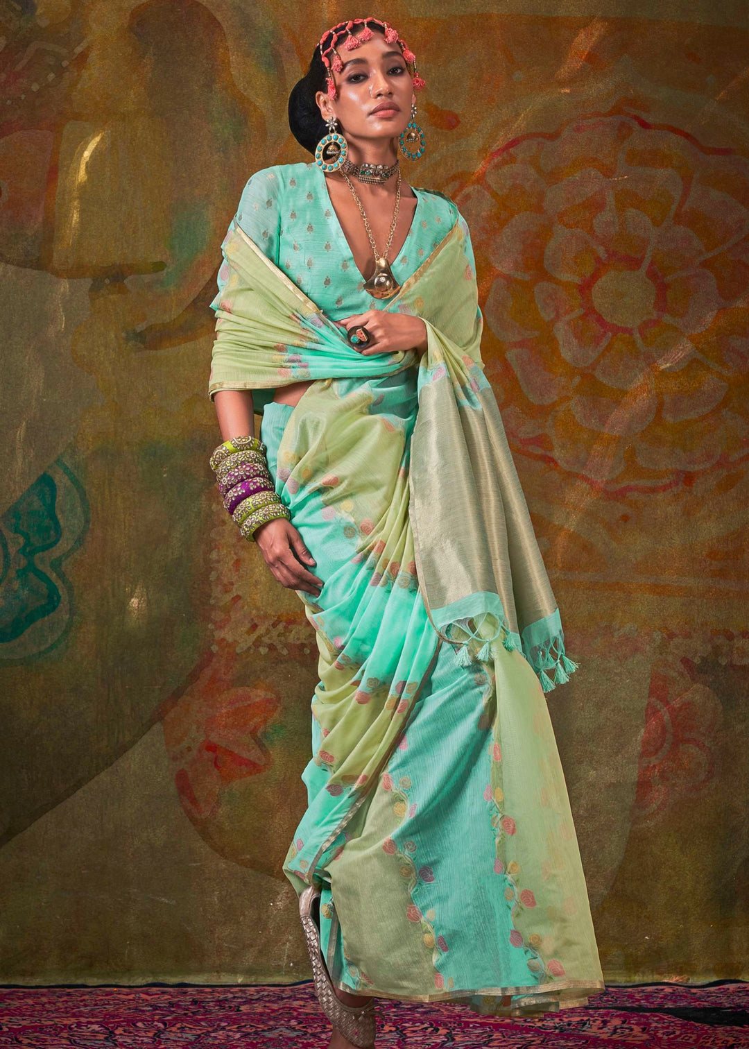 Aqua Blue And Green Cotton Silk Saree With Rangkaat Handloom Weaving
