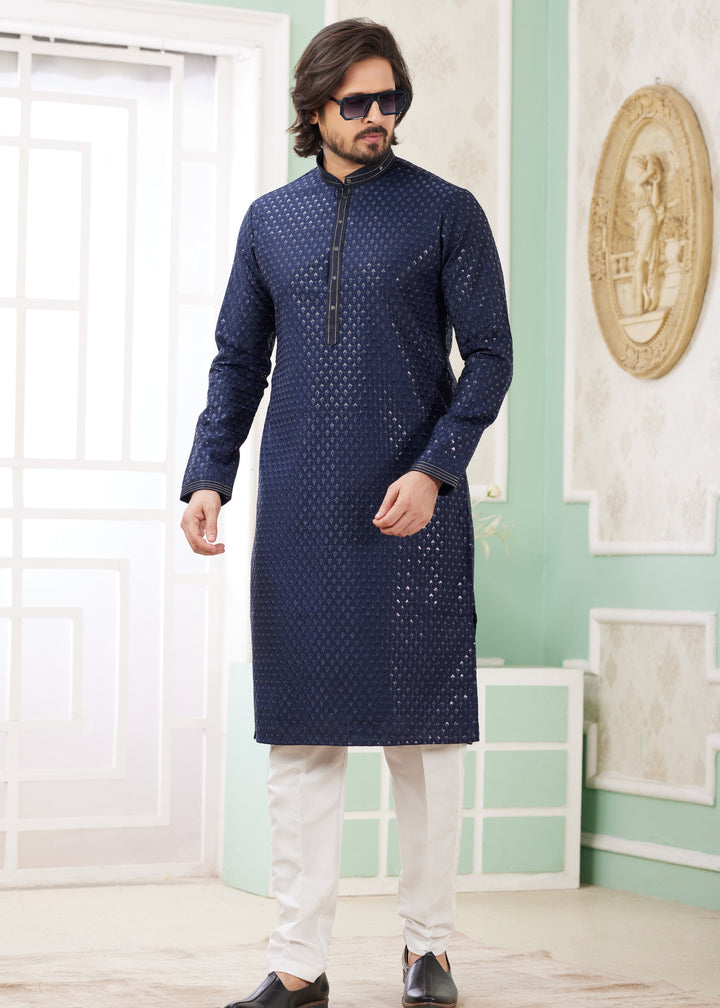 Dark Blue Silk Mens Kurta Set With Thread Embroidery Work