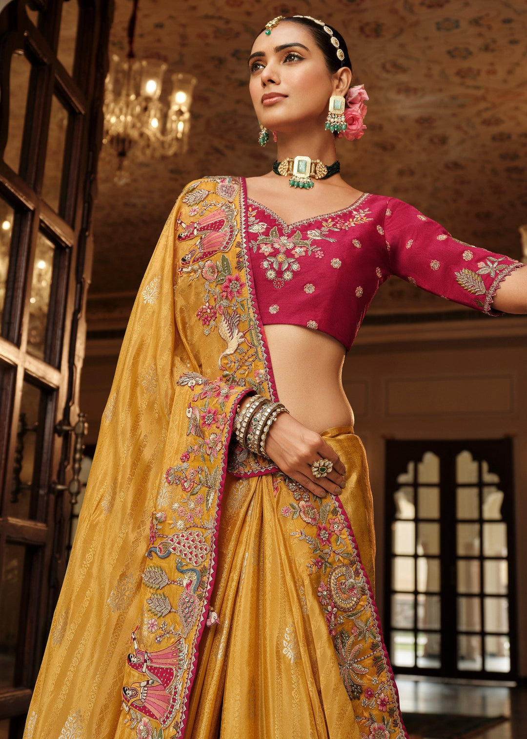 Golden Mustard With Pink Floral Embroidery Silk Saree