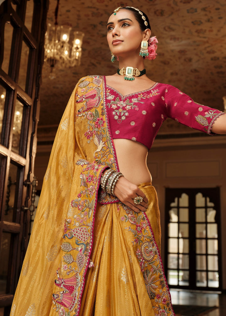 Golden Mustard With Pink Floral Embroidery Silk Saree