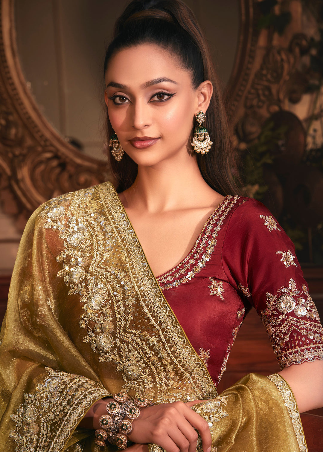 Olive Green Tissue Organza Saree With Heavy Embroidery