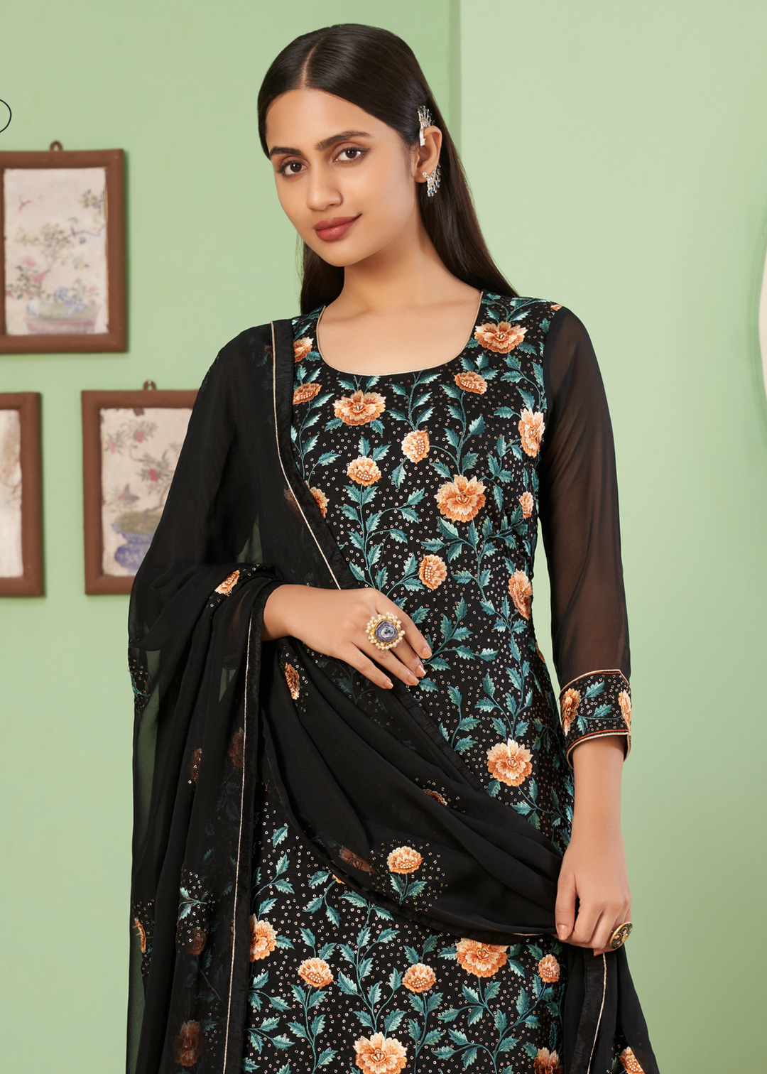 Pebble Black Georgette Salwar Suit with Multi Colour Thread Embroidery & Sequence work